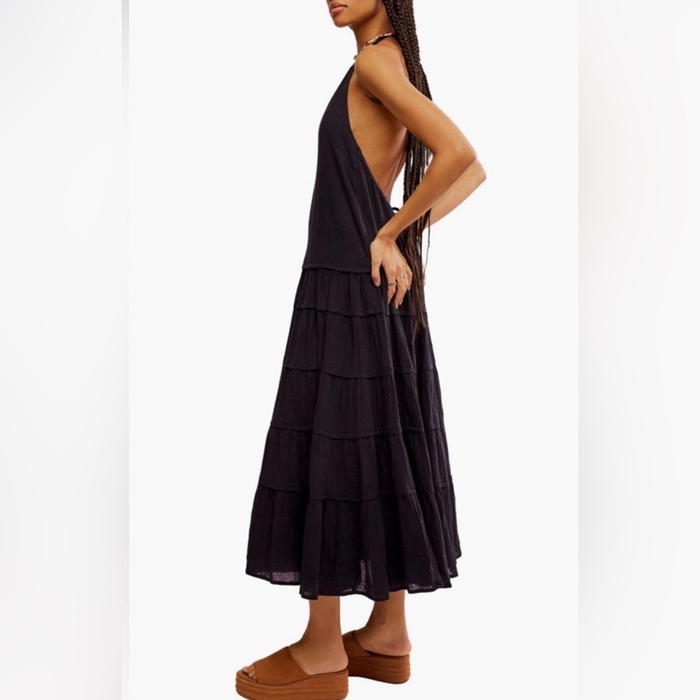 Free People Somewhere Sunny Black Halter Midi Dress Large NEW $118!